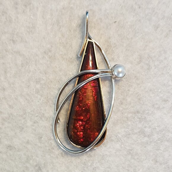 2’’ Vintage Sterling Silver Red Ammolite & Pearl Pendant – Canadian Original - Picture 5 of 11
